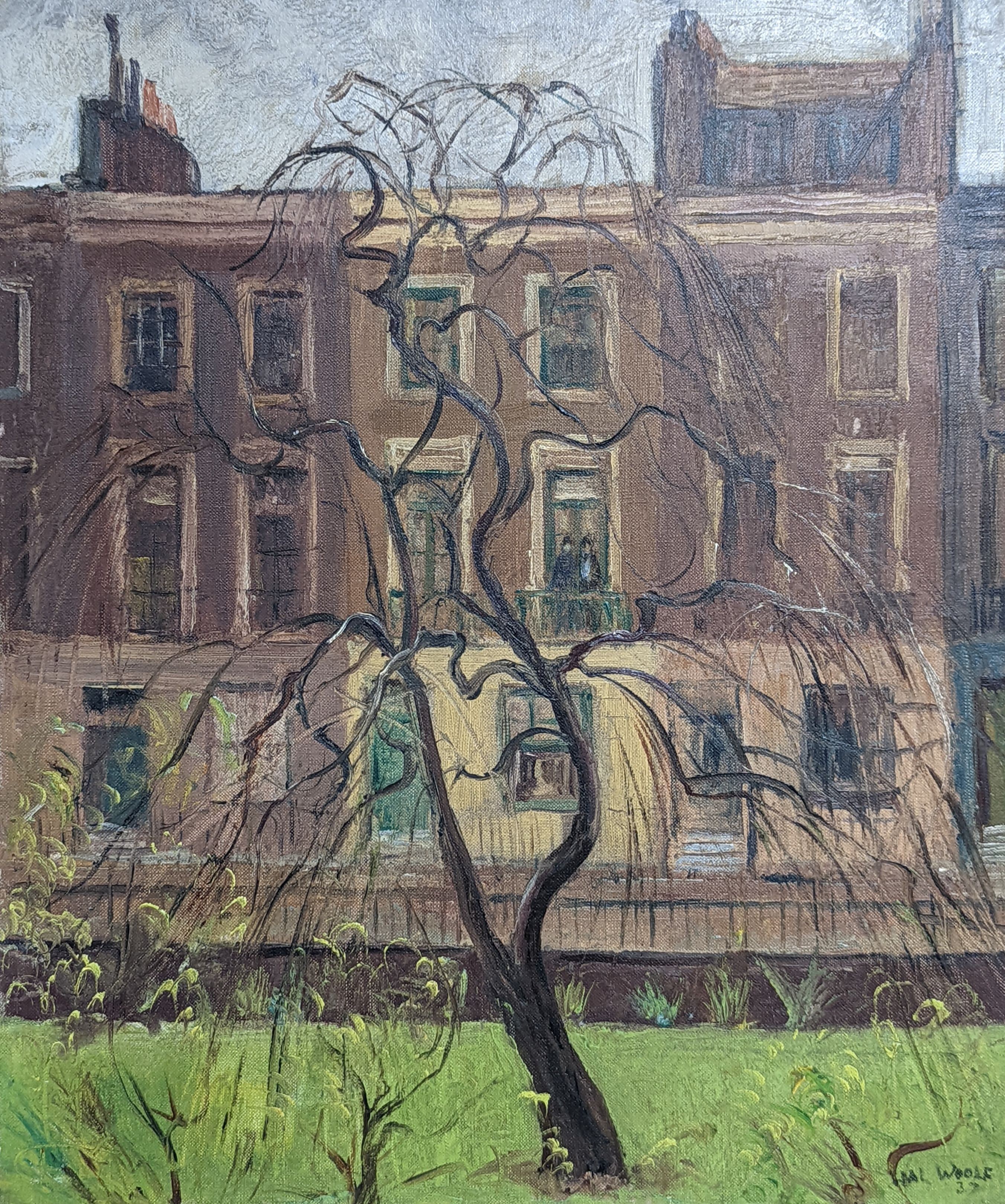 Hal Woolf (1902-1962), oil on canvas, Willow tree and houses, signed and dated '37, 46 x 38cm, unframed